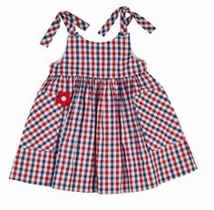 Florence Eiseman Girls Red / White / Blue Gingham Dress with Pockets and Ties Baby Dress Design, Baby Frocks Designs, Frocks For Girls