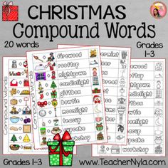 christmas compound words worksheets for the classroom to help students practice their writing skills