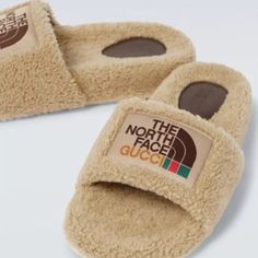 This Is An Authentic Pair Of Gucci X The North Face Shearling Wool Slide Sandals Size 42 In Butterscotch. These Sandals Are Crafted Of Merino Wool Fleece. It Features A Leather Logo Embossed Patch At The Footbed, A Textile Logo Patch At The Vamp, And Rubber Soles In Off-White. These Shoes Are Unisex. The Size Is Eu 42. Men's 10. Please Size Up 1 Size. For A Perfect Fit: Men's Us 9 Is Suggested. These Shoes Are Great For The Changing Weather. The Merino Wool Will Keep You Warm In The Soft Slides Gucci North Face, North Face Gucci, North Face X Gucci, Style For Winter, Gucci Slides, Size 12 Women, Textile Logo, Face Logo, Slides Sandals