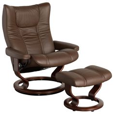 a brown leather reclining chair and ottoman