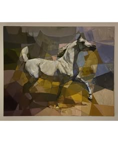 an abstract painting of a white horse running through the air with its front legs spread out