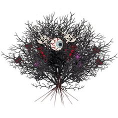 a black tree with red and white flowers in the center on a white background is an eyeball surrounded by branches