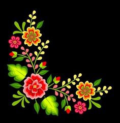 a black background with colorful flowers and leaves