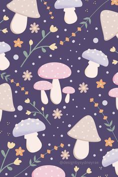 mushrooms and flowers on a purple background