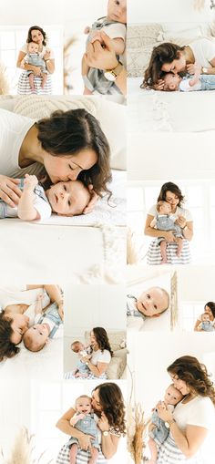 a woman holding a baby in her arms while laying on a bed with other photos