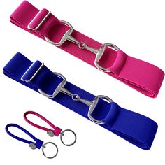 three different colored leashs with metal buckles on each side and one blue, one pink