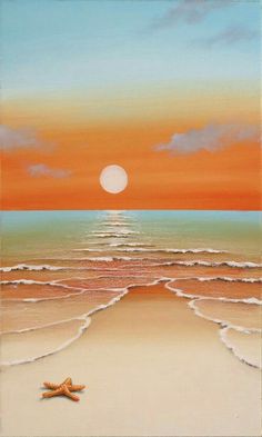 a painting of a starfish on the beach at sunset