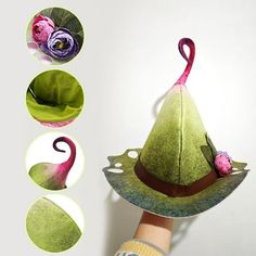 a hand holding a green felt hat with pink flowers on the top and three other images below it