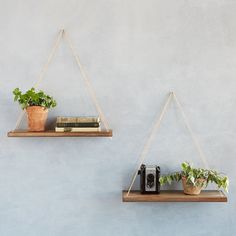 two wooden shelves with plants and books on them hanging from the side of a wall