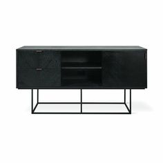 the sideboard is black and has two drawers on each side, one with an open door