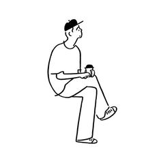 a black and white drawing of a man sitting on the ground holding a baseball bat