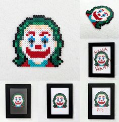 four different pictures of the face of a clown made out of legos and framed in black frames