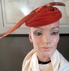 "Exotic and stately, vintage 30's/40's draped, Orange-ish Coral Velvet Fascinator Hat with Pheasant plumes. From the Fifth Avenue Shop in Portland, Oregon.  Inner circumference of this hat measures approximately 18\"; fine net lining with velvet ribbon sweatband/support and original \"Tortoise\" comb fasteners. On the outside it expands 4\"- 5\".  Velvet is somewhat faded showing age-wear but presents nicely nevertheless.  This Rare and beautiful hat is an iconic treasure from an era of elegance Large Brim Hat, Beautiful Hat, Types Of Hats, Orange Velvet, Fascinator Hat, Vintage Hats, Vintage Hat, Fascinator Hats, Photo On Wood