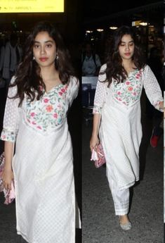 Bollywood Actress In Kurti, Actress In Kurti, White Kurti, Orang India, White Frock, Jhanvi Kapoor, Desi Fits, Readymade Salwar Kameez, Indian Designer Suits