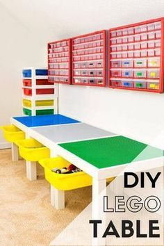 the diy lego table is made with colorful plastic bins