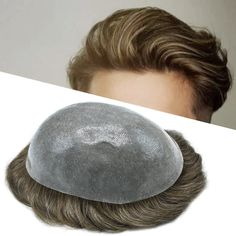 a close up of a person with a hair piece in front of him and the image of a man's head