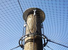 the top of a wooden pole with a wire fence around it