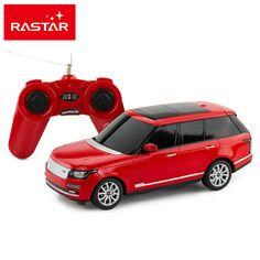 a red range rover remote control vehicle on a white background with rastar logo above it