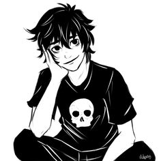 a drawing of a boy with a skull on his shirt