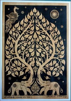 an intricately designed tree with elephants and birds in the center, on a blue background