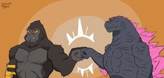 two godzillas standing next to each other in front of an orange and pink background