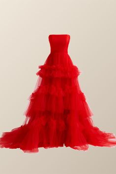 Constructed with high-quality tulle fabric in a radiant red color, this beautiful A-line dress boasts a strapless neckline and a tiered ruffle skirt. With a full length and a delicate lace-up back, this dress is perfect for any formal occasion. Chloe 2024, Ruffle Tulle Dress, Black Lace Formal Dress, Black Lace Evening Dress, Red Lace Prom Dress, Burgundy Homecoming Dresses, A Line Long Dress, Mermaid Prom Dresses Lace, Gold Prom Dresses