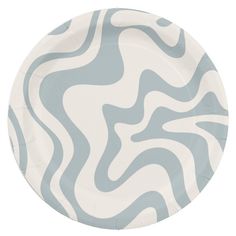 a blue and white paper plate with wavy designs