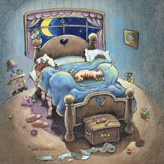 a child's bedroom with an image of a cat sleeping on the bed