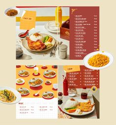 an image of a restaurant menu with food on the table and side by side photos