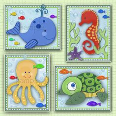 four different sea animals are shown in three squares on a green background with blue trimmings