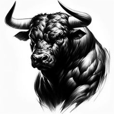 a black and white drawing of a bull's head