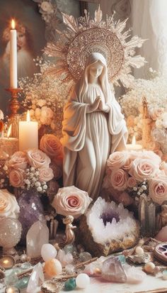 the statue is surrounded by flowers and candles