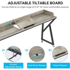 the adjustable table is made from wood and has three different sections to fit into it