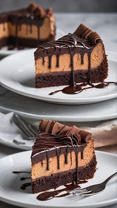 three slices of chocolate cheesecake on white plates