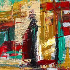 an abstract painting with red, yellow and green colors