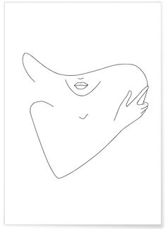 a line drawing of a woman's face with her hands in the air, against a white background