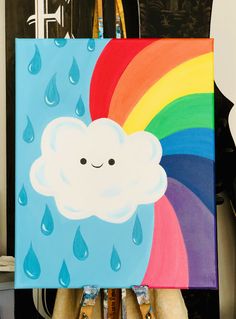 a painting of a cloud with a rainbow in the middle and rain drops on it