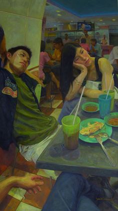 a painting of two people sitting at a table with food and drinks in front of them