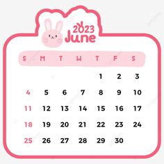 a calendar for the month of june with bunny ears on it and pink trimmings