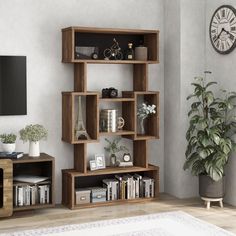 a living room filled with furniture and a clock mounted to the side of it's wall