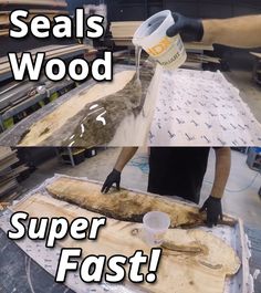 a man is sanding down some wood with a plastic cup in his hand and the words seal's wood super fast