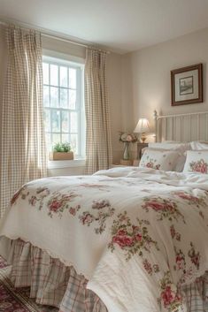 a bed sitting under a window in a bedroom next to a lamp and rug on the floor