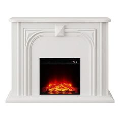 a white fireplace with an electric fire in the center and flames on it's sides