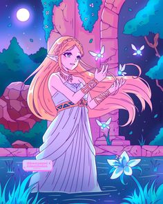 a girl with long pink hair standing in front of a castle and butterflies flying around her