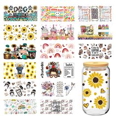 various stickers and decals are displayed on a white background with sunflowers