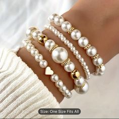 4pcs White Faux Pearls Beads Beaded Bracelet Set Elegant Handmade Hand String Jewelry Accessory Bracelet Selling Stand, Beaded Bracelet Photography Ideas, Beaded Bracelet With Charm, Stretch Bracelets Ideas Color Combos, Name Bracelet Beads, Bracelet Business Ideas, White Bracelet Beads, Pearl Bracelet Aesthetic, Bracelet Patterns Beads