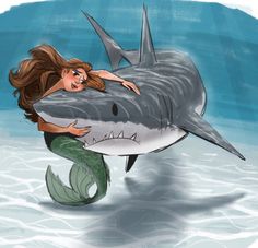 a drawing of a mermaid hugging a shark