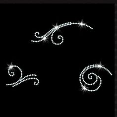 three white swirls with diamonds on black background