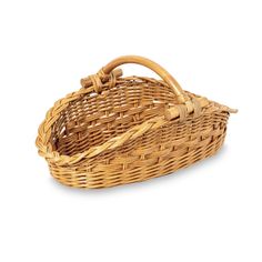 a wicker basket with handle on a white background