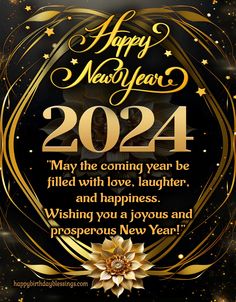 a happy new year card with gold lettering and a golden flower on the front of it